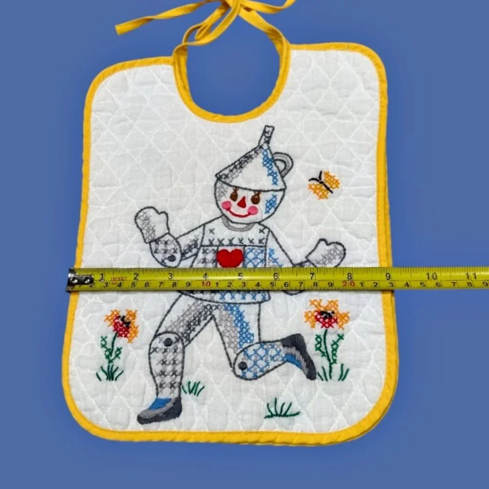 Vintage Handmade Embroidered Baby Bibs Wizard of Oz Scarecrow & Tin Man Primary